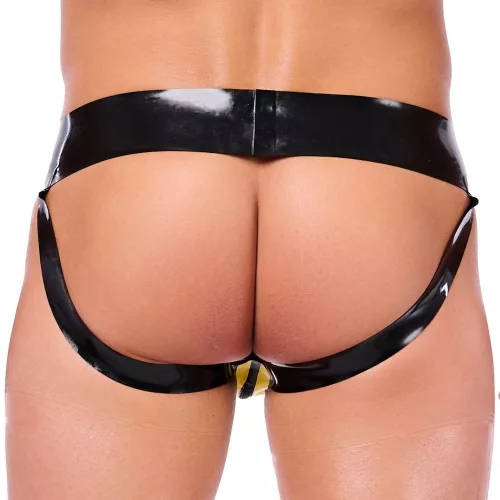 Xrub – fekete-sárga latex jockstrap cipzárral
